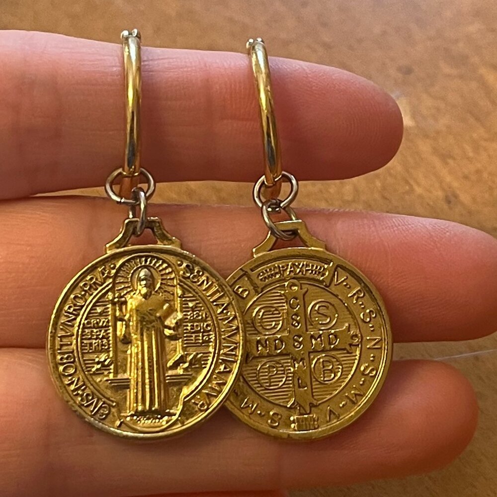 Ventrone Chronicles Gold Hoop Earrings with Religious Coin
